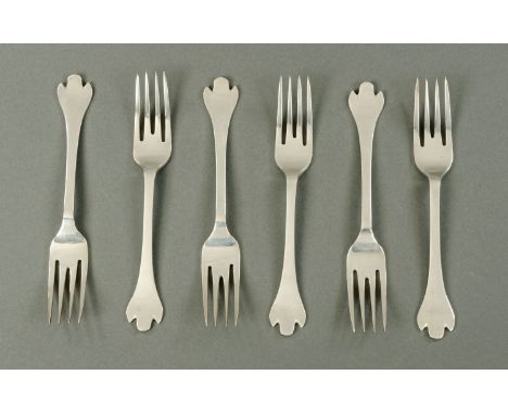 A set of six silver trefid top dessert forks, Francis Howard Ltd., Sheffield 1937, set of six silver seal top coffee spoons, 
