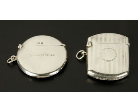 A silver Vesta case, engine turned, Birmingham 1912 maker William Hair Haseler, and a circular silver Vesta case Birmingham 1