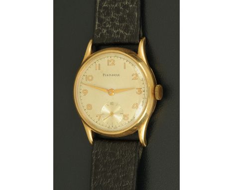 A gentleman's Pinnacle 9 ct gold wristwatch, with champagne dial, Arabic numerals and subsidiary seconds dial, manual.  Case 