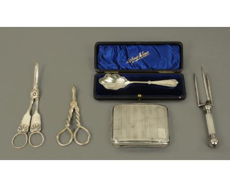 A silver cigarette case, engine turned, Birmingham 1930, two pairs of plated grape shears and a bun fork.