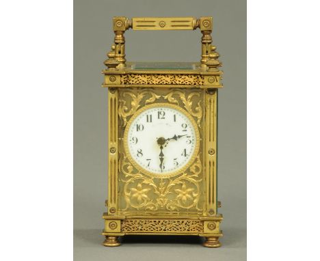 A late 19th century French brass carriage clock by Elkington & Co., timepiece only.  Height excluding carrying handle 12 cm. 
