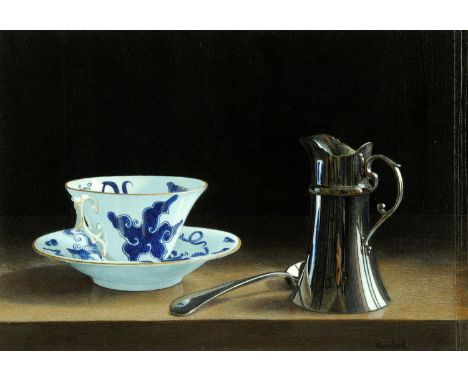 Timothy J. Gustard, acrylic on card or board, "Tim Takes Tea".  16 cm x 23.5 cm (see illustration).    CONDITION REPORT:  Thi