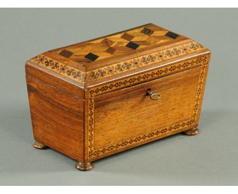A 19th century Tunbridge Ware and parquetry tea caddy, sarcophagus form, with two lidded compartments and raised on short bun