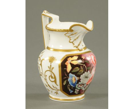 A good English porcelain jug, early to mid 19th century, with foliate moulded spout and rope twist rim heightened with gildin