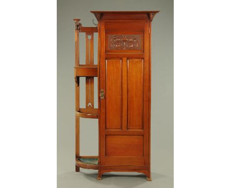 An Arts & Crafts walnut hall wardrobe, and combined hat coat and stick stand.  Width 91 cm, depth 42 cm, height 196 cm (see i