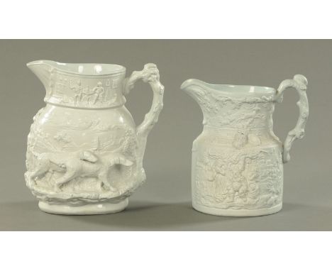 A Masons Ironstone Toho pattern relief moulded salt glazed jug, and a stoneware relief Falstaff jug, both decorated with a li