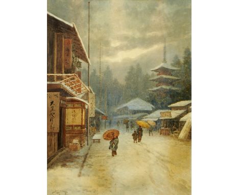 Ginnosuke Yokouchi (1870-1942), Japanese street scene beneath stormy clouds with figures outside buildings, signed, watercolo