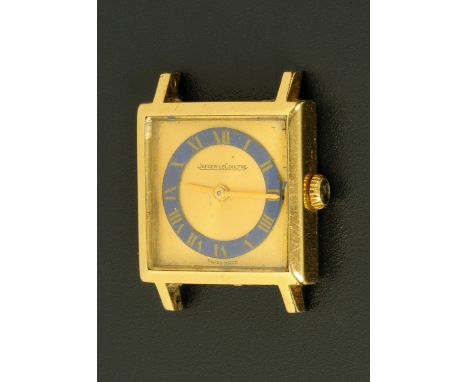 A ladies 18 ct gold Jaeger LeCoultre wristwatch, with square gilt dial with Roman numerals, blue enamel chapter ring, mechani