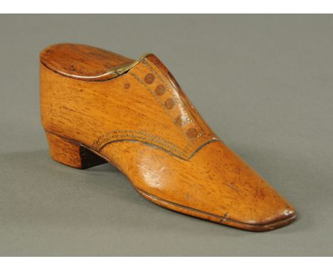 A large walnut and mahogany snuff shoe, mid 19th century, with inlaid lace holes and piquet work seams, the heel and sole wit
