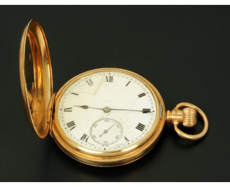 A 9 ct gold cased full Hunter pocket watch, with enamelled dial with Roman numerals and subsidiary seconds dial, the case for