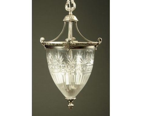 A large cut glass hanging lantern, with metal mounts signed Clive Christian.  Diameter 42 cm, height +/- 90 cm (see illustrat