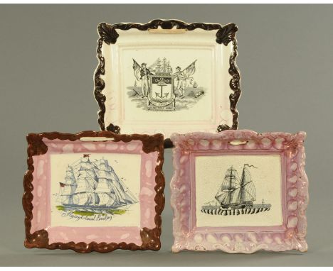 Three Sunderland lustre maritime scene plaques, one decorated with The Flying Cloud Boston, one with Mariners Arms and one wi