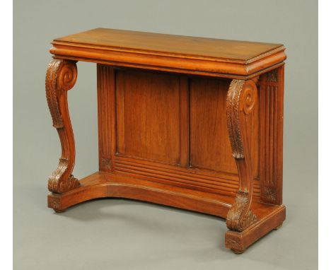 A William IV walnut console table, with rectangular top, cabriole legs and plinth base raised on short bun feet.  Width 96 cm