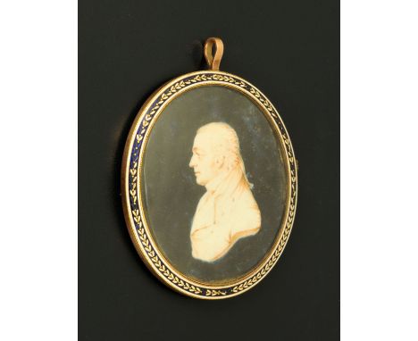 A Georgian portrait profile miniature on ivory, a notable gentleman facing left, picked out in light brown and body colour ag