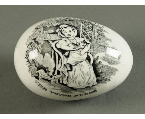 A Whitehaven Pottery transfer printed darning egg, "The Young Nurse" and "Little Titty", circa 1820-1840, also initialled "JH