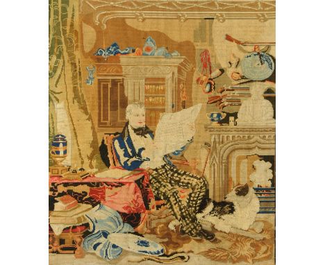 A large Victorian tapestry, Scottish gentleman reading a paper by a fire.  90 cm x 77 cm, framed.    CONDITION REPORT:  The f