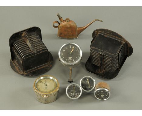Vintage Car Interest - Two Smiths clocks, Smiths oil gauge and petrol gauge, Lucas battery gauge, pair of world War Two car h