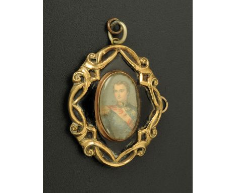 A portrait miniature locket, 19th century, with gold coloured mount against a black ground and inscribed verso "Robert Clapha