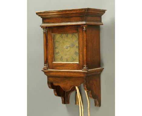 Easton of Petworth, thirty hour wall clock with alarm, 18th century, the 15 cm square brass dial with Roman numerals and flor