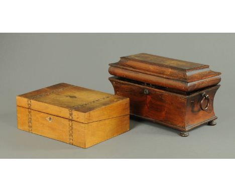 A Regency rosewood tea caddy, and an inlaid walnut lap desk.  Largest length 34.5 cm. 