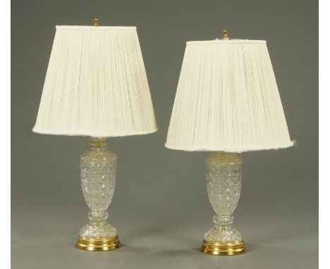 A pair of glass table lamps, with brass fittings and bases, each with pleated shade.  Height excluding light fitting 40 cm.  