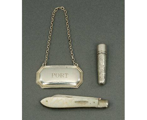 A silver and mother of pearl fruit knife, Sheffield 1924 maker Henry Williamson Ltd., a silver cased cigarette holder, Birmin