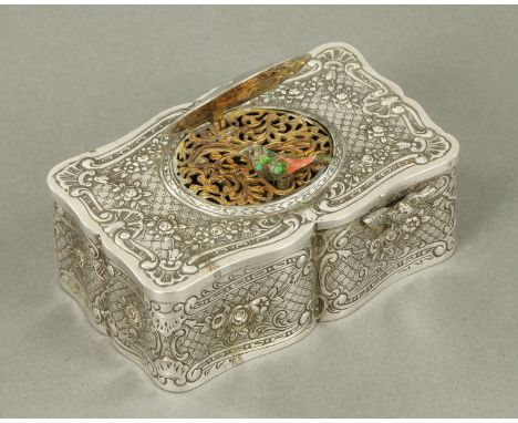 A Continental silver automaton musical bird box, in the manner of Karl Griesbaum of Germany, early 20th century, with hinged 