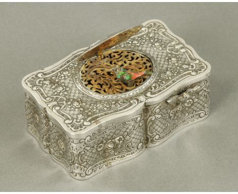 A Continental silver automaton musical bird box, in the manner of Karl Griesbaum of Germany, early 20th century, with hinged 