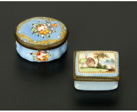 Two Bilston enamel patch/snuffboxes, late 18th century, one of rectangular waisted form the lid decorated with a house by a l