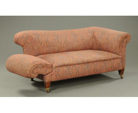 A Victorian drop arm Chesterfield style settee, with paisley print fabric and raised on short legs with ceramic castors.  Wid