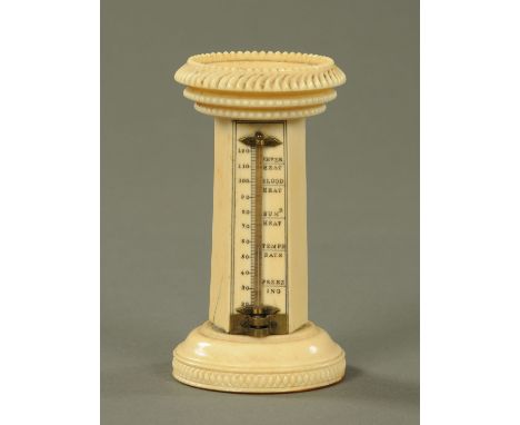 An ivory desk thermometer, mid to late 19th century, the top with gadrooned and beaded step rims above a pentagonal column ho