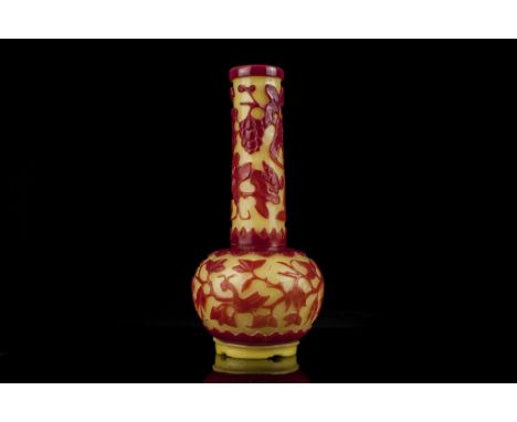 Age: Mid-Qing dynasty Description: A Chinese Beijing / Peking glass vase, of ruby colour globe form and carved to an opaque l