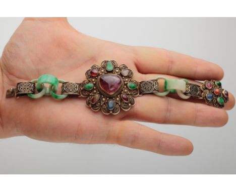 Age: Qing dynasty  Description: Outstanding Chinese gilt silver, jade, tourmaline, and hard stone bracelet. Very fine filigre