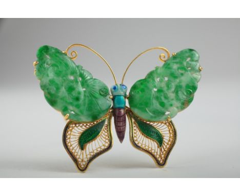 Age: Early 20th century circa 1910-1920  A very fine brooch designed as a butterfly with qing dynasty jadeite inserts utilize