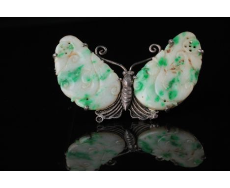Age: Qing dynasty  Description: Chinese silver and jadeite jade butterfly brooch with carved green and white carved jade. Sta
