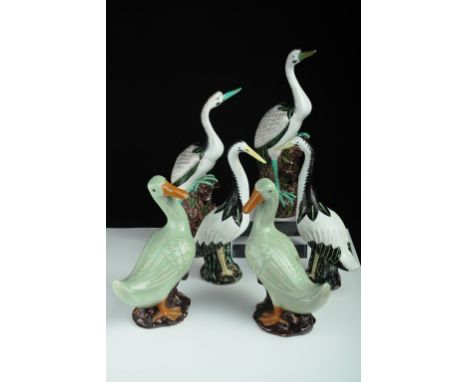 Age: 20th century,   Description: Three pairs of Chinese modeled birds, representing crane, heron and duck, each pair multico