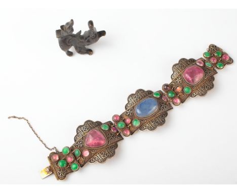 Age: Qing dynasty  Description: A luxurious Chinese gilt silver, jade and tourmaline bracelet with very fine filigree work an