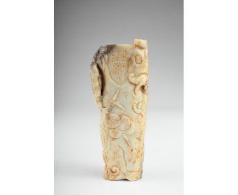 Age: Ming-Qing Dynasty  Description: A jade brushpot (Bitong). The Brushpot is depicted featuring clamboring qilongs in a pin