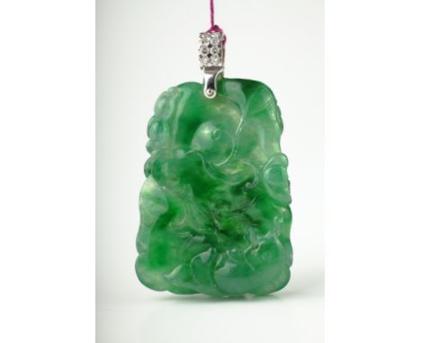 Age: 20th century  Description: A Chinese apple green "Lotus and Carp" pendant, the GIA certified icy jadeite plaque well car