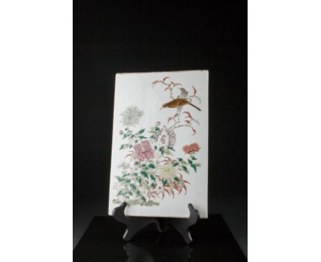 Age: Chinese Qing dynasty 19th century  Description: A very large Famille Rose plaque with an enameled garden scene of Lake T