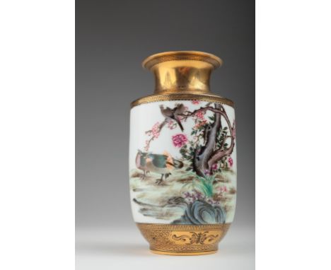 Age: 20th century Description: Finely painted Chinese Famille Rose and gilt two-part vase-shaped jar, enamel painted with bir