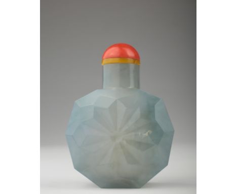 Age: Qing dynasty   Description: An exceptional jade Chinese faceted pale greyish blue jadeite snuff bottle with coral stoppe