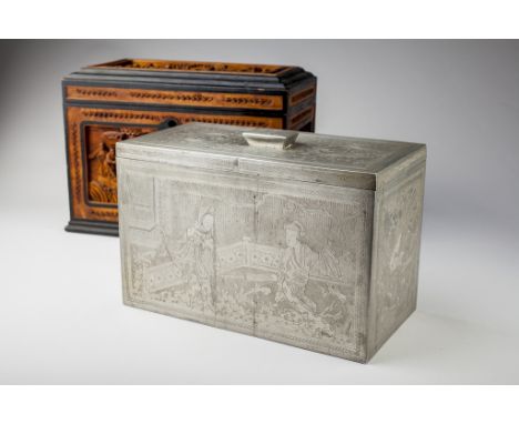 Description: A large scarce Chinese Export carved tea caddy box with fitted pewter liner and lid. The box decorated with pane