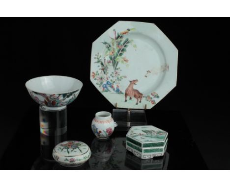 Age: Qing dynasty and later   Description: Famille Rose palette comprising: a hexagonal plate, seal paste box, a bird feeder,