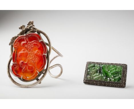 Age: Qing dynasty    Description: Chinese silver and jade jadeite broach with filigree frame surrounding carved green and whi