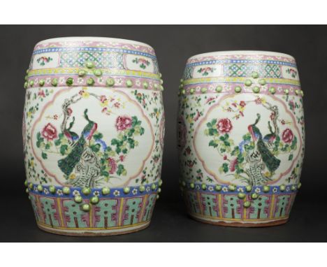 Age: 19/20th century,    Description: A pair of Chinese Famille Rose porcelain garden seats the studded barrel form stools ea