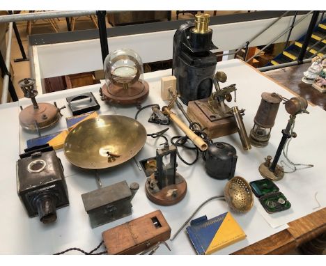 quantity of unusual Antique Gadgets an gizmos from a museum display, to include Miners Lamp Opthalmic equipment,  Lamps, Magi