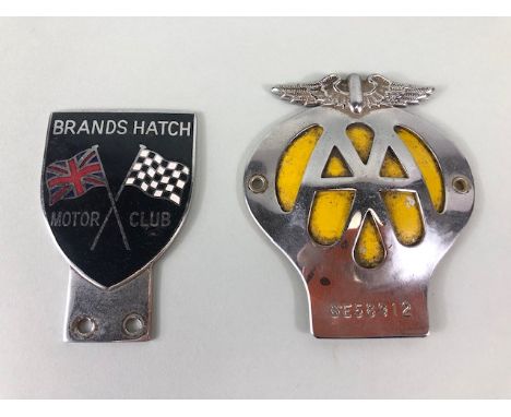 Motoring Automobilia interest, vintage AA 2 piece  bar badge and an enamel Brands Hatch Motor Club bar badge 