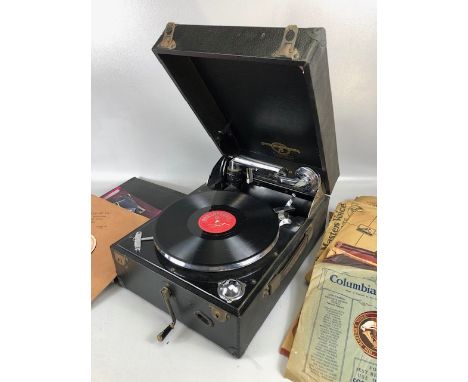 Vintage wind up portable gramophone, black cased front winding Columbia Gramaphonia, winds and runs along with a quantity of 