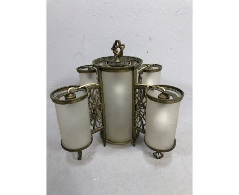 Antique and vintage lighting, 20th century quatrefoil cylinder pendant light, brass with opaque glass cylinders, central sect